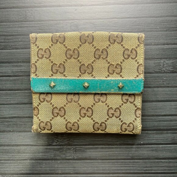 Gucci Bifold Green Leather GG Logo Canvas With Silver Studs Authentic|Used - Picture 1 of 6